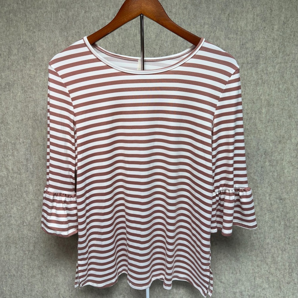 Lime n Chili Striped Top Small Mauve White 3/4 Ruffle‎ Bell Sleeve Blouse Shirt